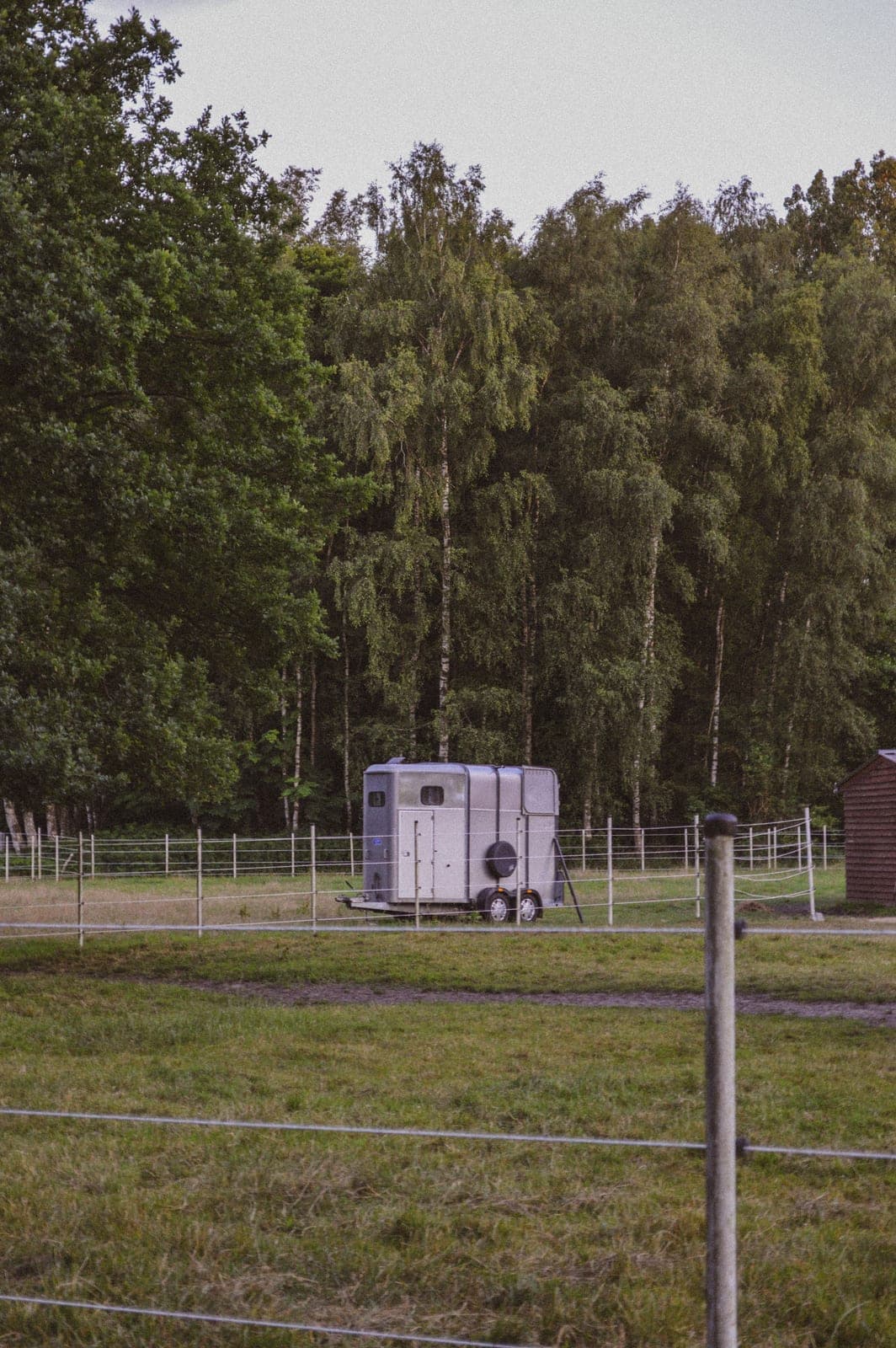 Livestock trailer parked in a pasture